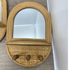 Pair Vintage Rattan Arched Wall Mirrors Shelf Wood Peg Hooks Boho Woven Cane
