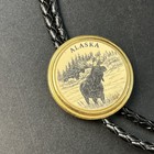 Vtg Barlow Bolo Tie Clip Alaska Enamel Moose Western Cowboy Usa Black Leather