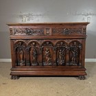 French Antique Gothic Walnut Wood Religious Figural Sideboard Buffet Cabinet