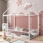 Twin Size Metal Bed House Bed Frame With Fence  For Kids  Teens  Girls  Boys  Wh