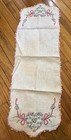 Vintage Hand Stitched Linen Embroidered Table Runner Crocheted Edge 10 x32  Pink