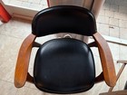 Mid Century Modern Oak Arm Chairs Danish Style Vinyl Seats Vintage 1960s Pair
