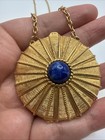Vintage New Estee Lauder Gold Blue Compact Locket Trinket Necklace Solid Perfume