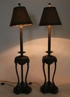 Maitland Smith Bronze Ram Head Urn Vintage Buffet Table Lamp Pair Leather Shade