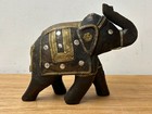 Vintage Hand Carved Wood Elephant Statue Brass copper Inlay 1950s India