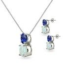 Round Created Blue Sapphire   Simulated Opal Earrings   Necklace Set In Silver