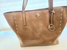 Michael Kors Brown Studded Tote Bag Gold Hardware Logo Charm Zip Designer-large