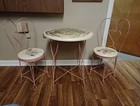 Vtg 3-pc Set Childs Twisted Iron Heart   Oak Ice Cream Parlor 2 Chairs   Table