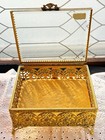 Vtg 24kt Gold Filled Filigree Footed Beveled Glass Jewelry  trinket Casket Box