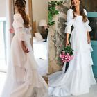 Vintage White Wedding Dresses Floral Sleeve Ruffle Tiered Lace Skirt Bridal Gown