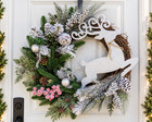 Christmas Reindeer Grapevine Wreath Handmade Front Door Decor Snowy Pine Silver