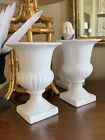 Vintage Off White Distressed Ceramic Set Of 2 Footed Pedestal Vase Planter Urns