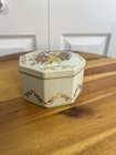 Vtg Floral Tin Made In England Hinge Lid Octagonal Canister Container Gold