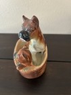 Vtg Boxer Dog Figurine Mom pup In Basket Porcelain 3 75   