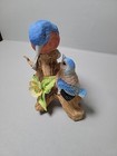 Vintage Ceramic Blue Bird And Baby Birds Sitting On Branch With Flowers