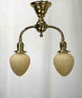 Restored Antique Vtg Brass Pendant Light Victorian Art Deco 2 Arm French Glass