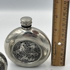 Three Lot Of 3 St Justin Pewter Flasks With Horse Motif Celtic Knot Decor