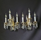Vintage Antique Pair French Empire Brass Crystal 3 Light Sconces Wall Lights