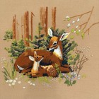 Vintage 70s Crewel Embroidery Deer Fawn Woodland Forest Framed Wall Art 17x17