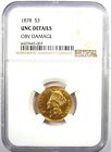 1878 Three Dollar Indian Gold Coin  3 - Ngc Uncirculated Detail  unc Ms  - Rare