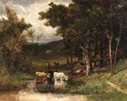 Antique Cows Near Stream Landscape Vintage Art Print Antique Painting