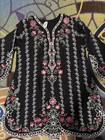 Ethnic Women   s Black Embroidered Cotton Kurta kurti Tunic Top Size Xs 2 Piece