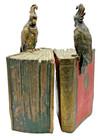 Pompeian Bronze Clad Signed Pair Of Bookends World Atlas Globe Cockatoo Bird
