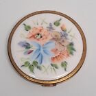 Vintage Elgin American Brass Hand Painted Floral Enamel Guilloche Powder Compact