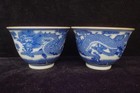 Pair Of Antique Chinese Hand Painting Dragon Blue White Porcelain Cups Qianlong