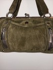 Vintage Bandolino Kisslock Barrel Bag Purse Olive Green Faux Suede Excellent Con