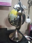Incredible Vintage Silver Tone Metal Jet Airplane Flying Over World Globe