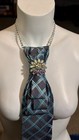 Women   s Blue   Gray Plaid Designer Neck Tie  Necklace With Rhinestone Pendant