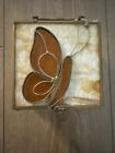 Vintage Stained Glass Jewelry Trinket Box Tray Brown  Butterfly
