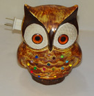 Vintage Ceramic Owl Lamp Night Light Mcm Brown Drip Glaze Yellow 6 25  Hi W pegs