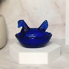 2 Cobalt Blue Depression Style Glass Hen Nest Chicken Salt Cellar Dish  Vintage