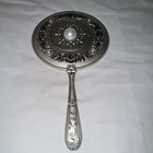 Vtg 1980s Satin Silver Plated Faux Pearls 3 Pc Mirror Hair Brush Comb Set New