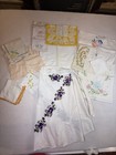 Vintage Mix Linen Lot Floral Hand Embroidery  Wrap Skirt  Napkins  Etc   13 Pcs