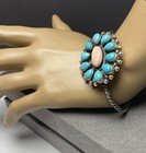 Southwestern Style Sterling Silver 925 Pink Conch Kingman Turquoise Flower Cuff