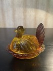 Vintage Miniature Amber Glass Hen On Nest Salt Cellar 4 5   