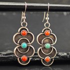 Navajo Turquoise Coral Sterling Silver Hook Dangle Earrings