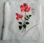 Vintage Hanky White Handkerchief  Doily  Pink Red Rose Flowers Silk Embroideries