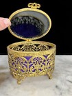 Vtg Gold Filigree Metal Ormolu Trinket Jewelry Box Oval Casket Beveled Glass 5 