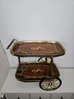 Vintage Mcm Mid Century Modern Italian Floral Inlay Rolling Bar Tea Cart Italy