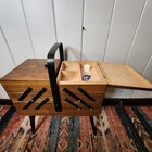 Vintage Mid Century Modern Accordion Wood Sewing Box Cantilever 3-tier Folding