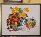 Vintage Crewel Embroidery Garden Floral Spring Flowers Completed Framed Sunset 