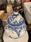 Large Chinese Blue   White Crane Ginger Jar W lid     Chinoiserie Porcelain Vase