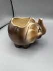 Vintage Ceramic Elephant Planter Brown Tan Green Eyes Raised Trunk 4   