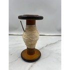 Antique Industrial Wood Textile Bobbin Spool With Metal Ends And Thread 7in