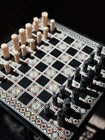 Square Wood Chess Game Table W  Mosaic Top   Pieces Art Deco 15 5x24