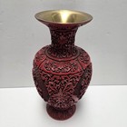 Vintage 12  Cinnabar Vase Red Lacquer Brass Deep Floral Carving Chinese Antique